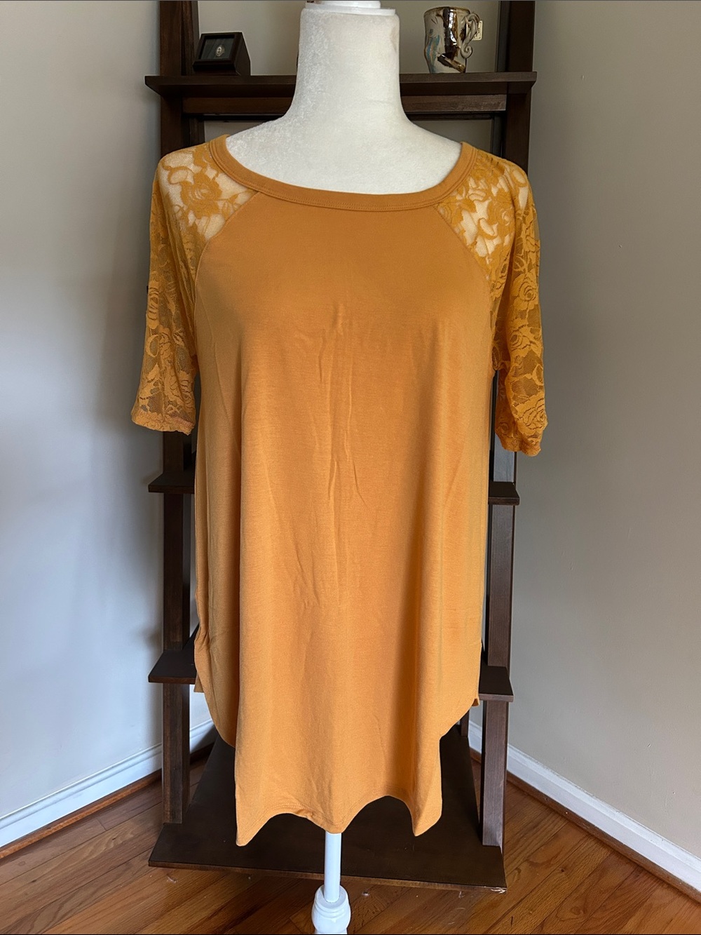 Zenana Outfitters Mustard Lace-Shoulder Scoop Neck Tunic